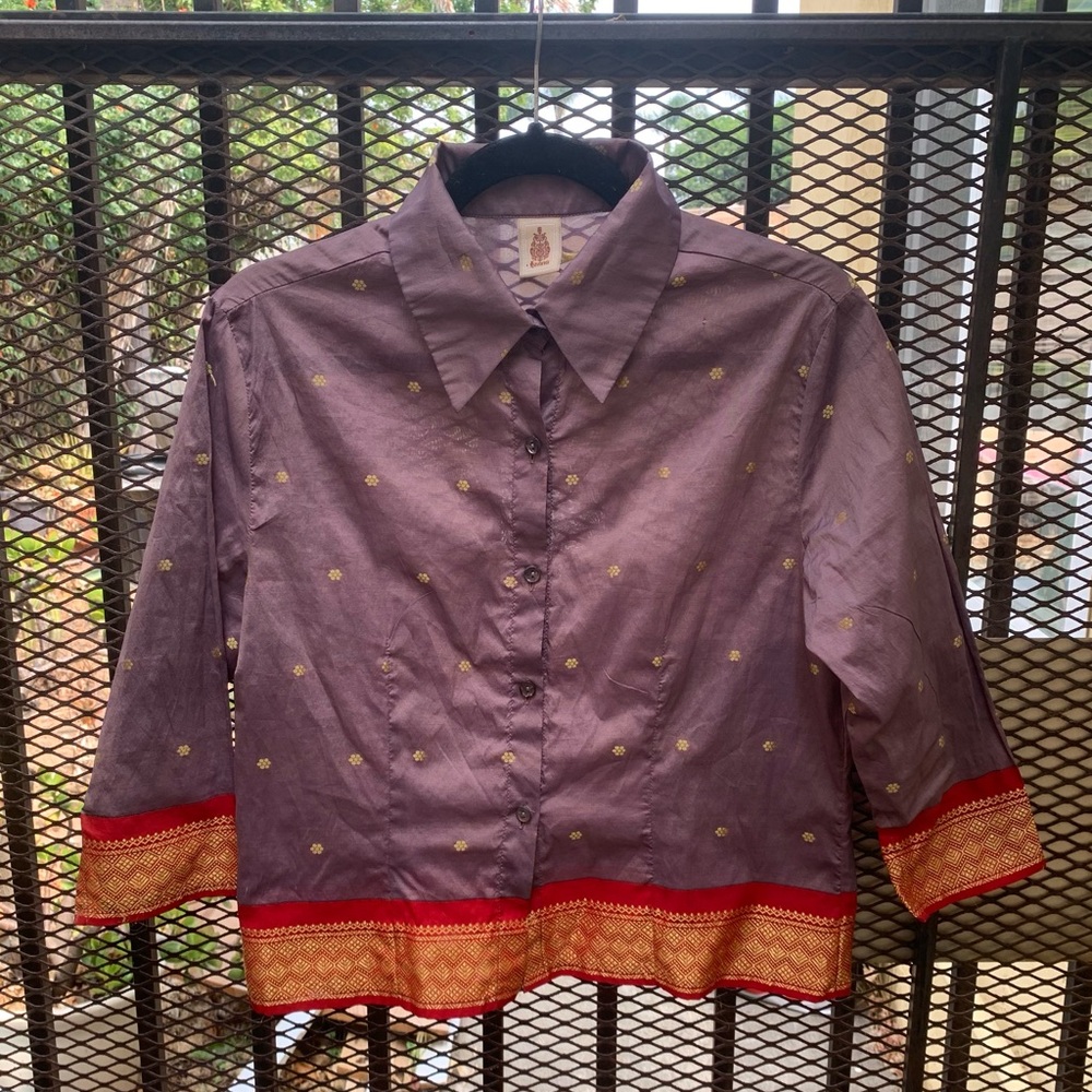 Purple Button-Up Shirt with Red and Gold Accents